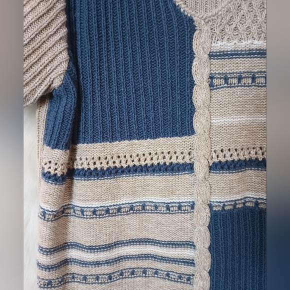 Crazy Horse Tan Blue and White Ribbed Short Sleeve Sweater Size XL - Picture 6 of 8